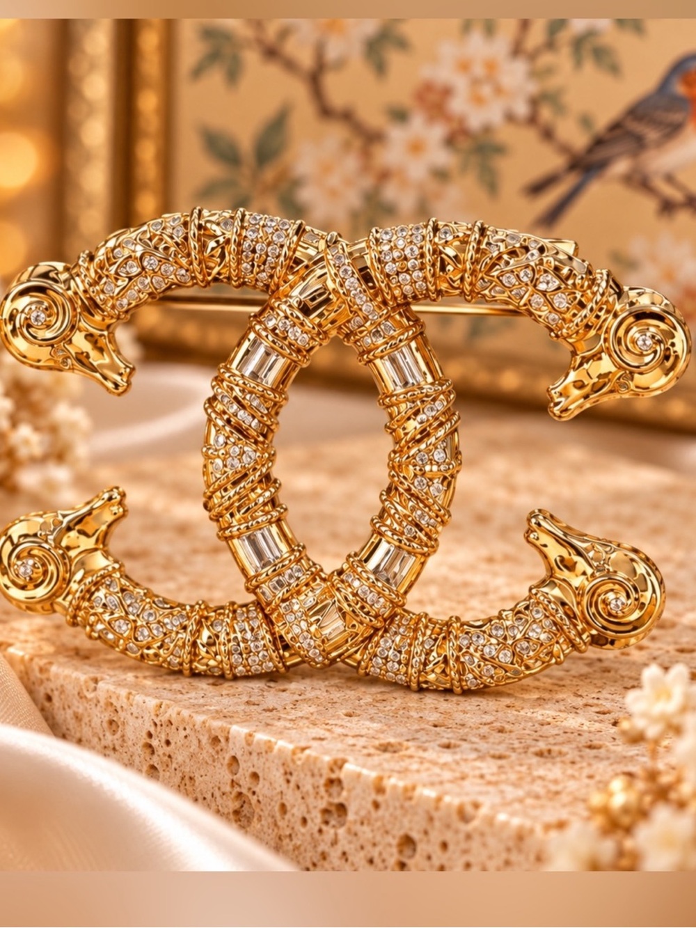 Gold Crystal Ram Statement Brooch Pin Rhinestone Fifi Closet